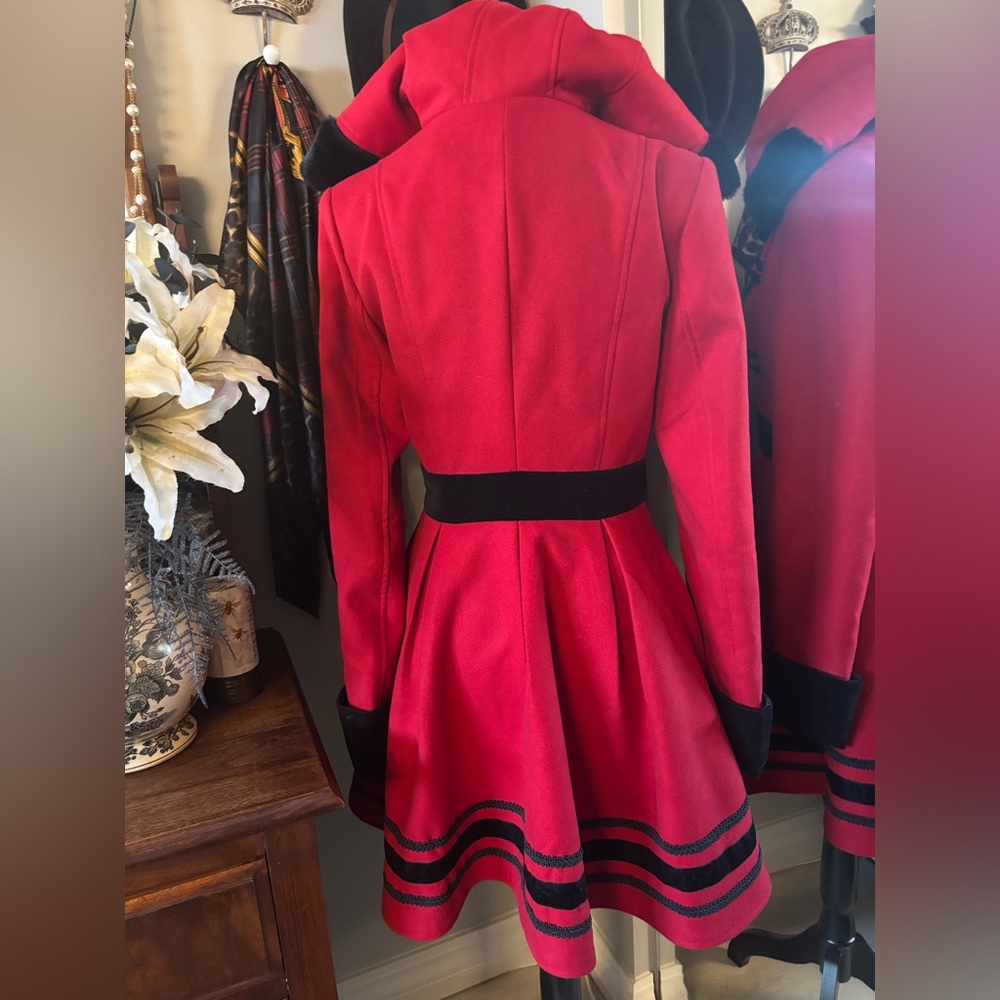 Hell Bunny Sophia Red Fit-and-Flare Pea Coat with Black Trim - Picture 2 of 12